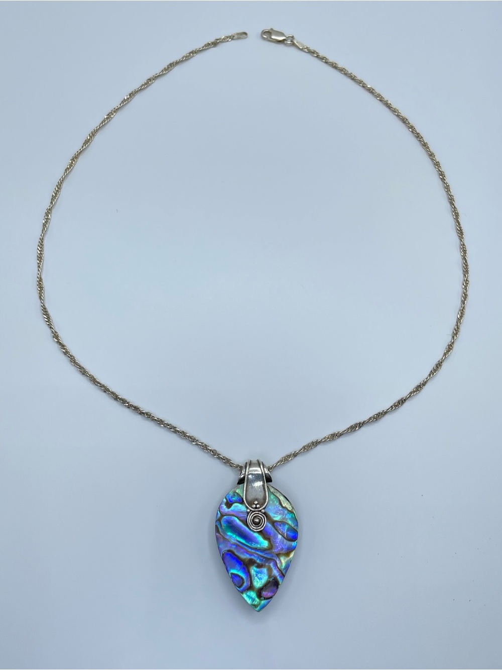 925 Sterling Silver Abalone Shell Teardrop Pendant Necklace Paua Shell Boho